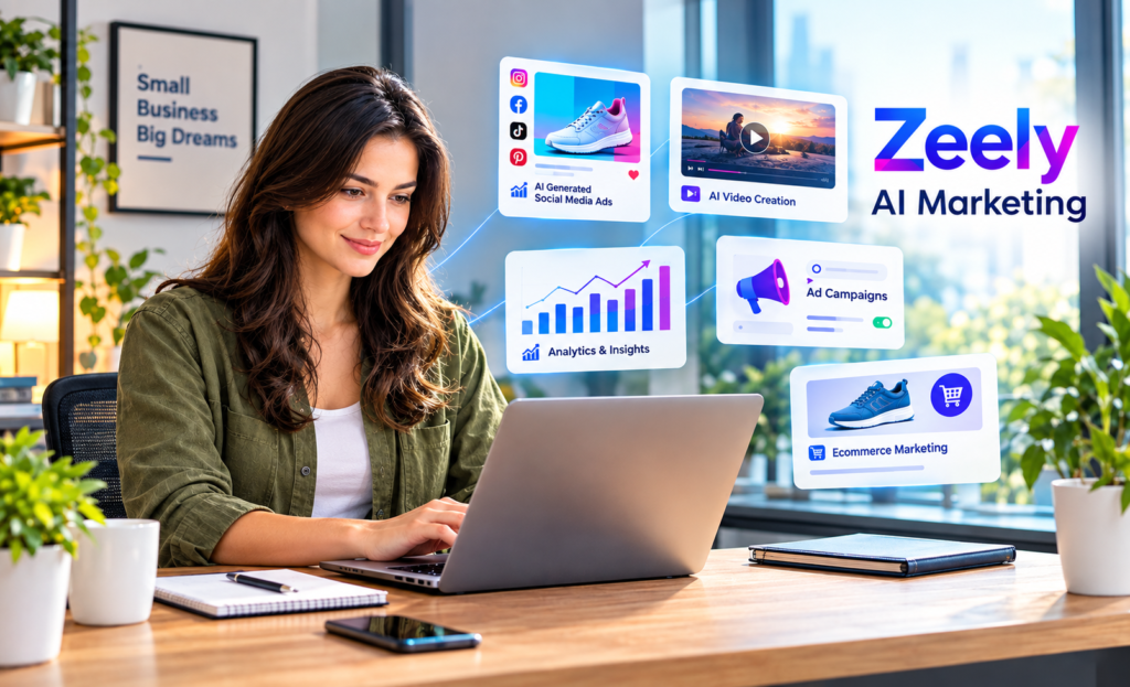 Zeely AI marketing platform with advertising tools, AI content creation, campaign management, and analytics for small businesses