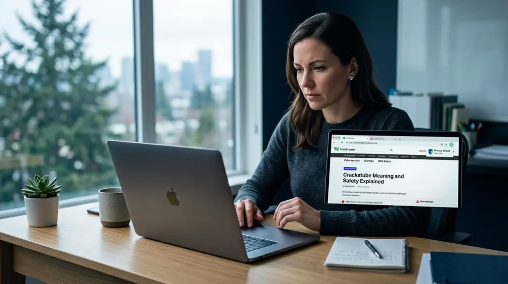 Crackstube explained on a laptop with domain verification, digital publishing content, and online safety checks.